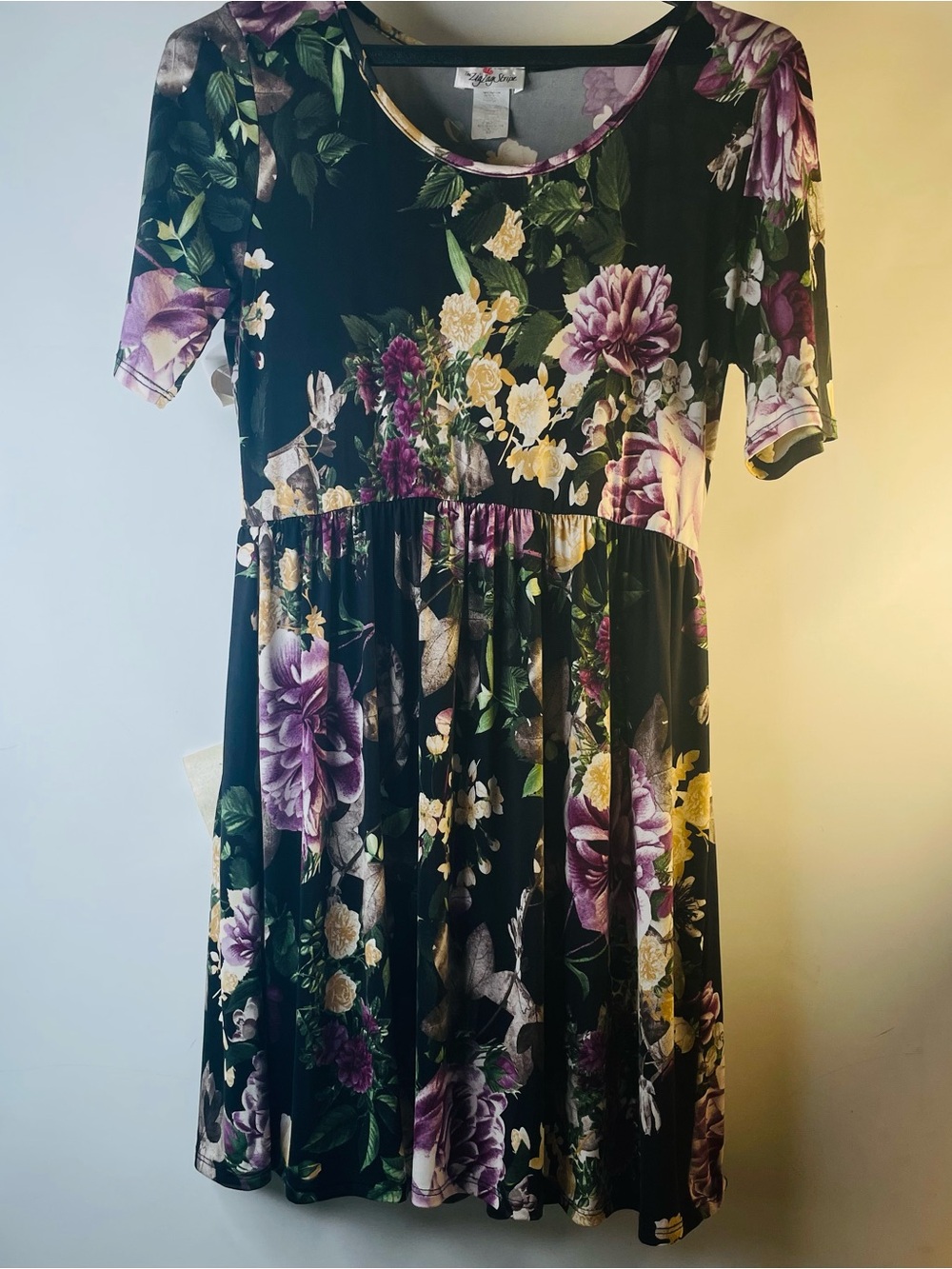 Zig Zag Stripe Black Floral Midi Dress with Purple & Yellow Blooms